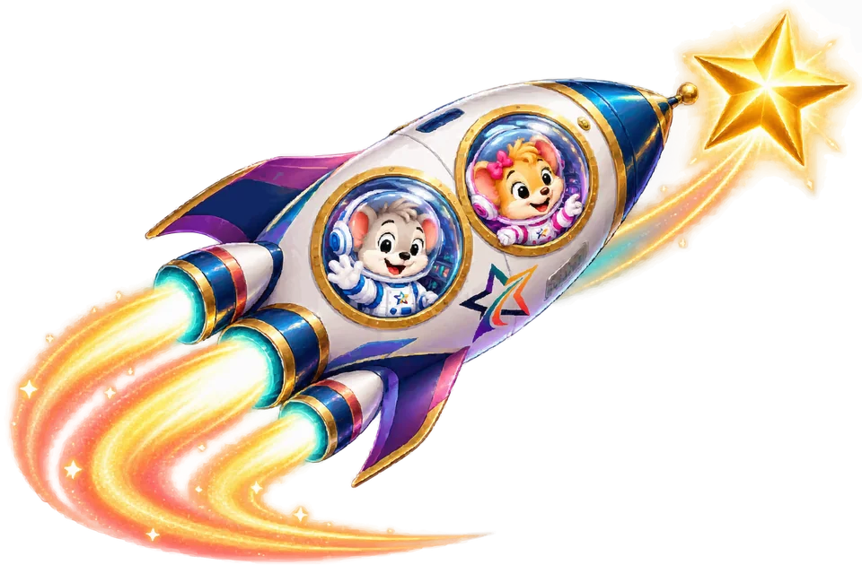 Astro and Nova waving from the windows of a rocket as it flies towards a golden star