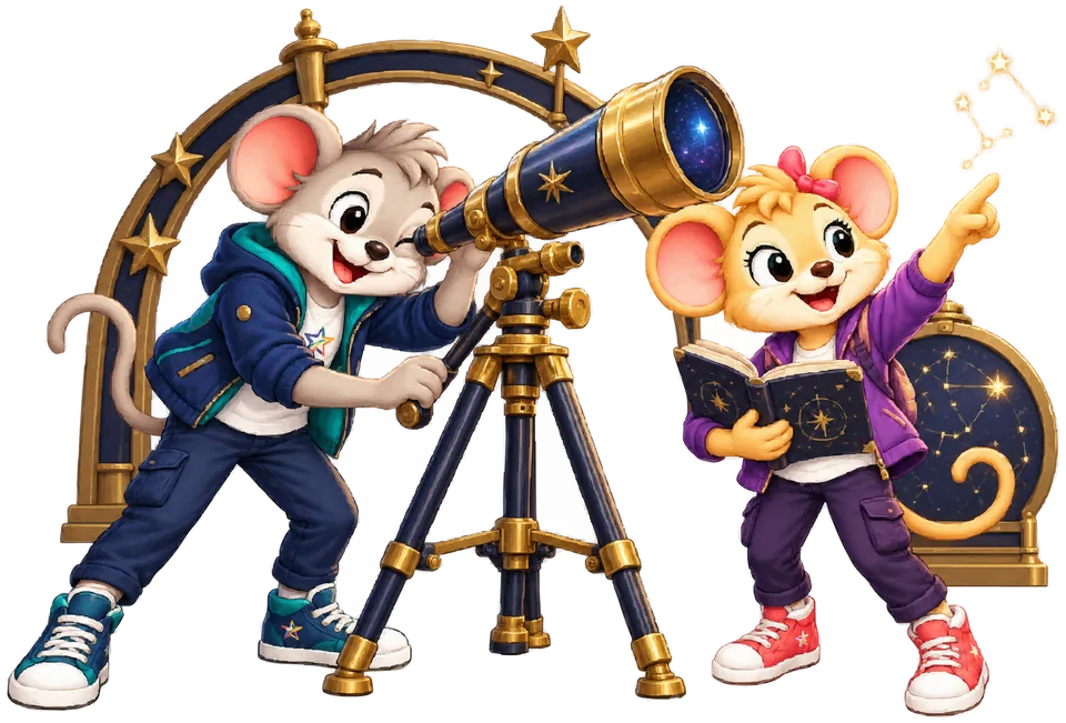 Astro looking through a telescope while Nova, holding a book of star maps, points at a constellation