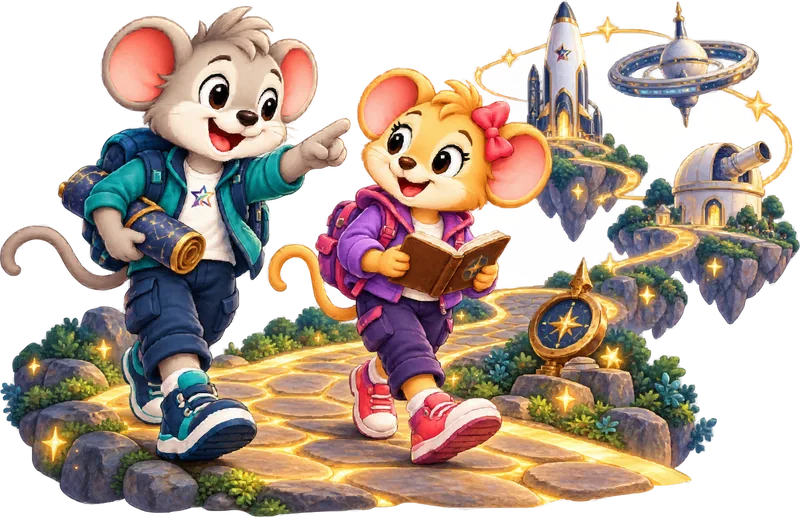 Astro and Nova walking a glowing path through the Starbound universe, Nova reading as she goes